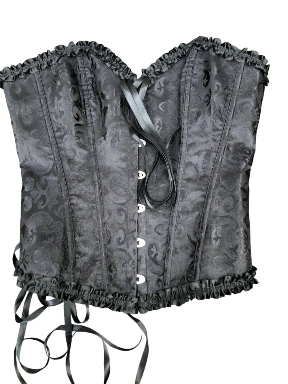 Corset Womens M Black Brocade Top Lace-Up Ruffle Bustier Fairy Witchy Vamp Medie - Picture 4 of 6